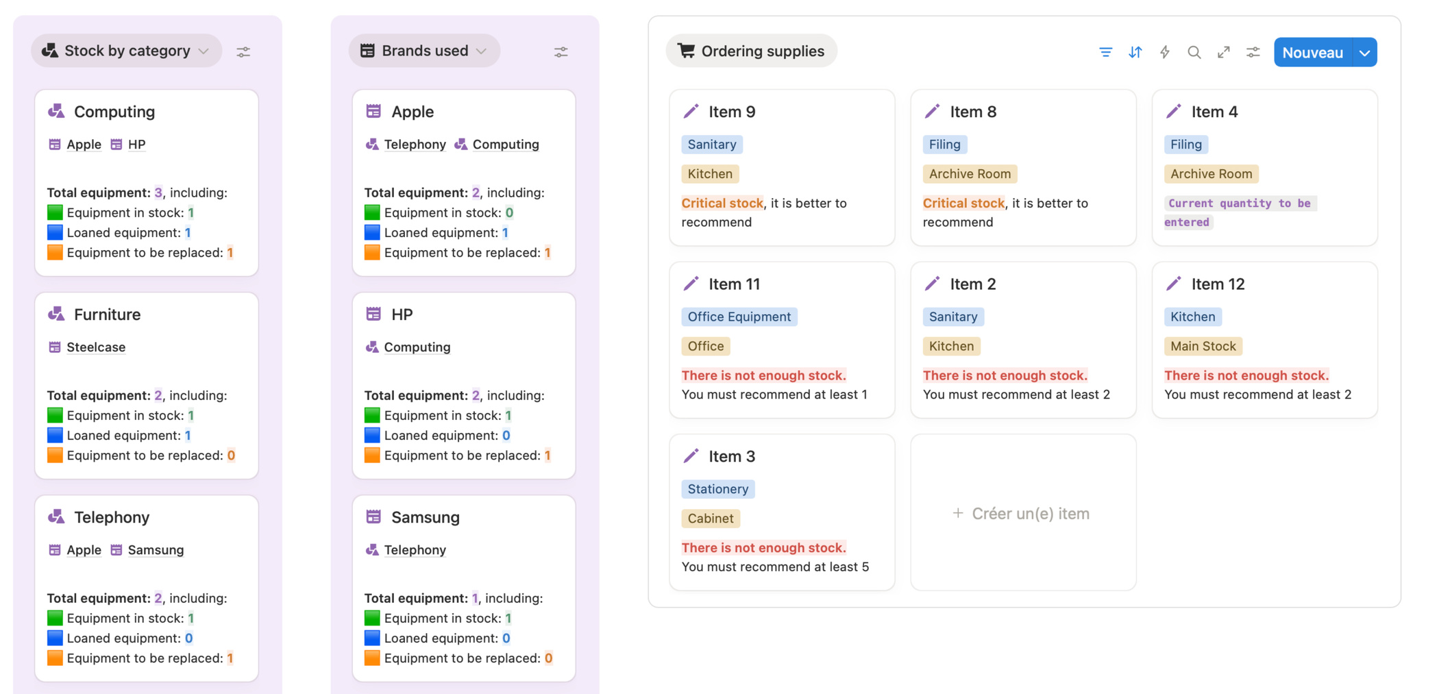 Inventories Inventory of computer/telephone equipment/furniture, company supplies, tracking Notion